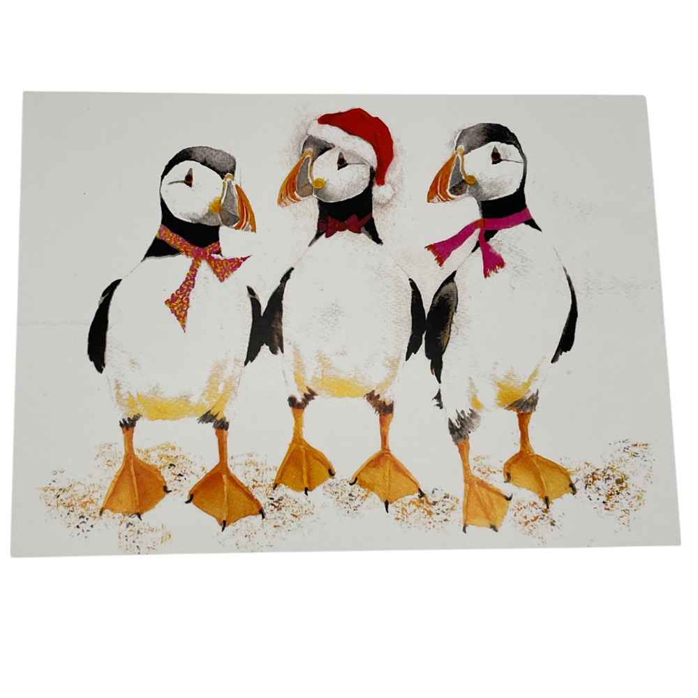 Image of Christmas card with three puffins