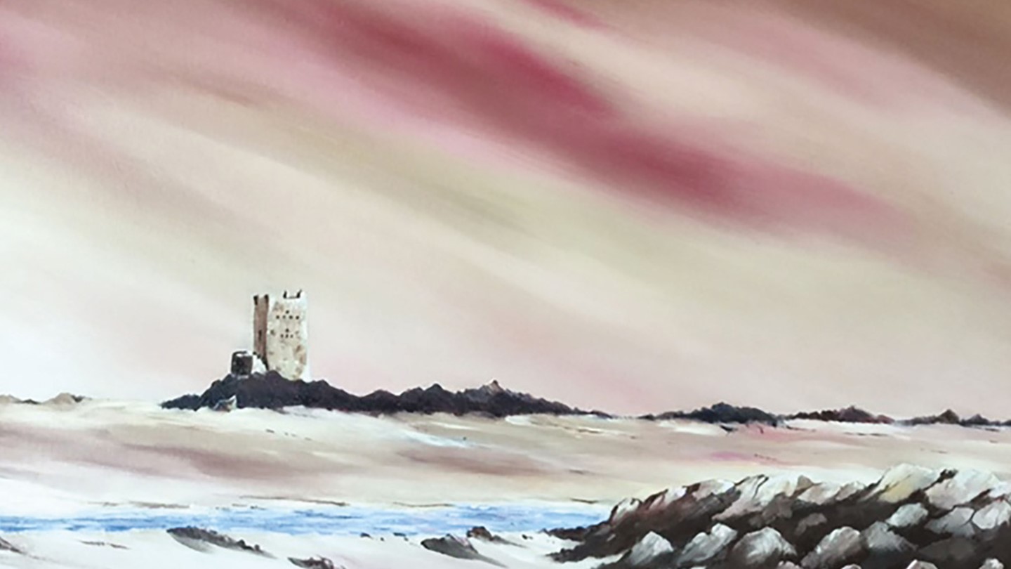 Christmas Card of Seymour Tower with red sky