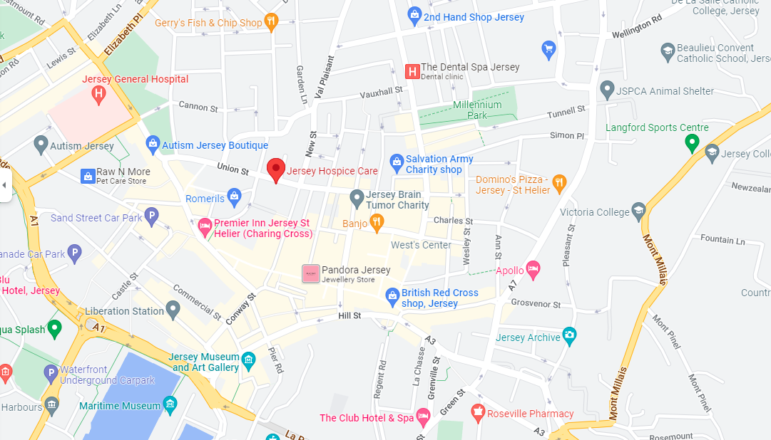 Map showing st helier hospice store location 