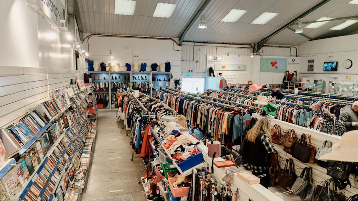 High view of clothes and books at  st ouens fundraising store 